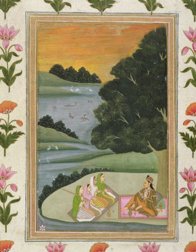 A Princess Listening to Female Musicians by a River at Sunset, from the Small Clive Album by Mughal School